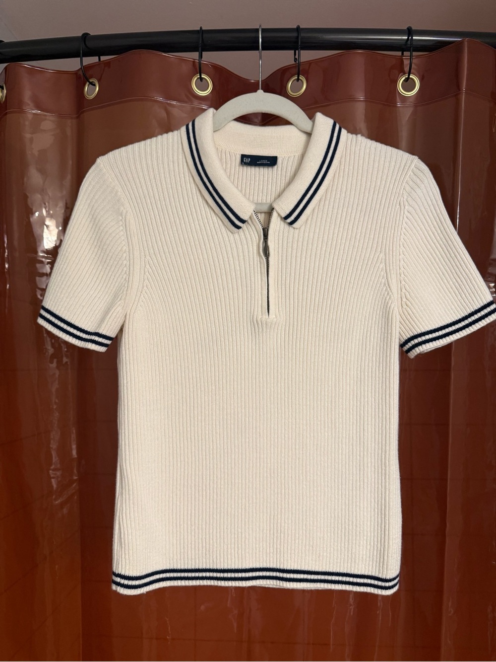 GAP Cream Ribbed Polo Top with Navy Trim